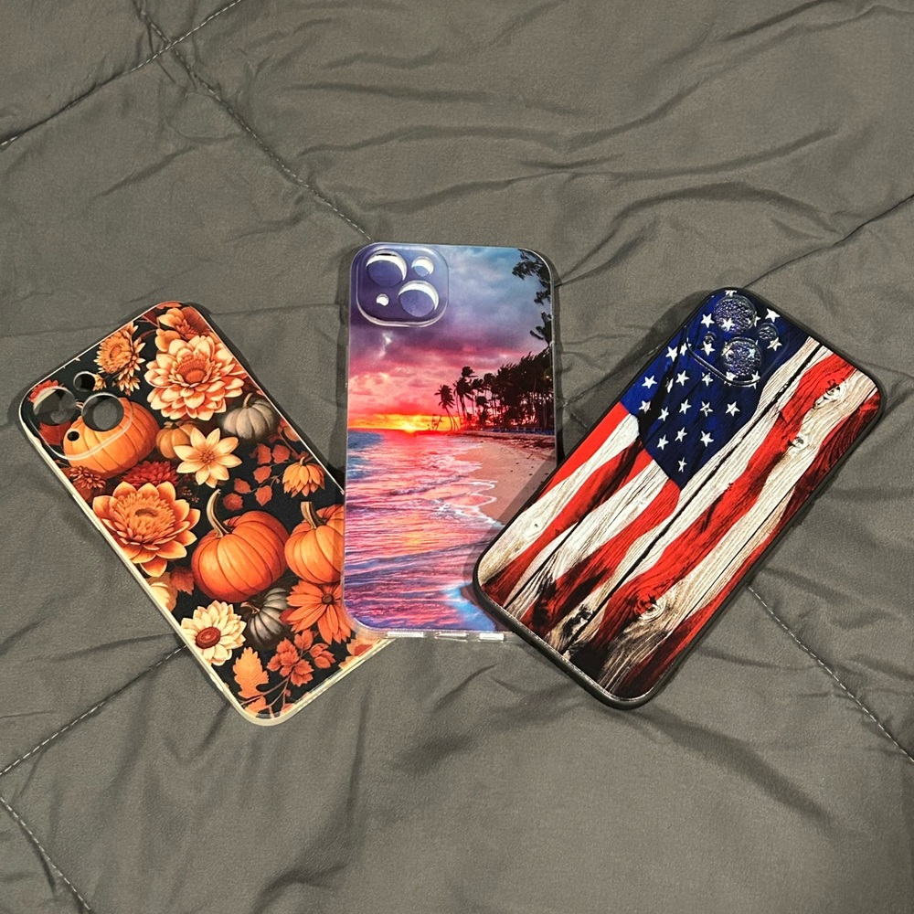 3 pack Fall, Sunset, and Flag Design Phone Cases